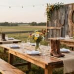 western bridal shower decoration with cowboy boots and rustic elements