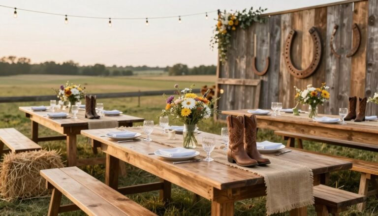 western bridal shower decoration with cowboy boots and rustic elements