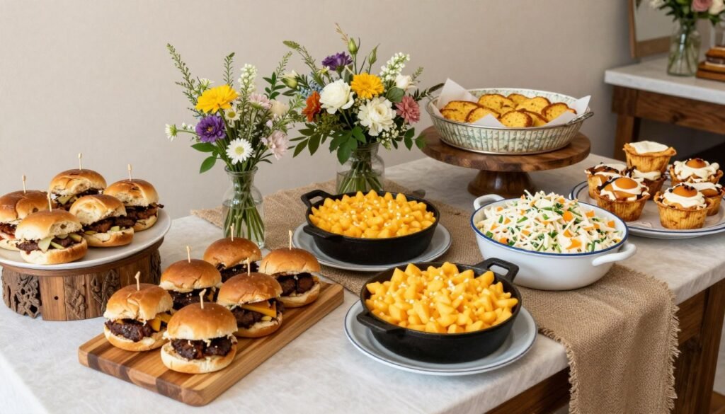 western bridal shower food table with country inspired dishes