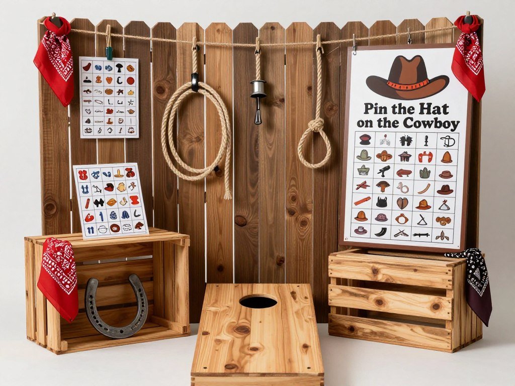western bridal shower game setup with cowboy themed activities