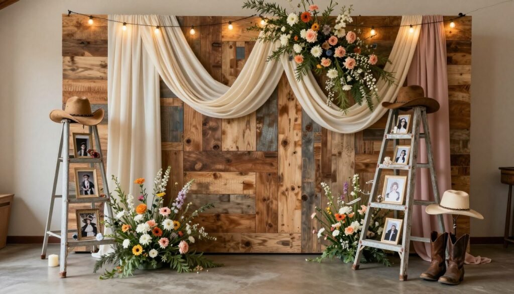 western bridal shower photo backdrop with rustic decorations