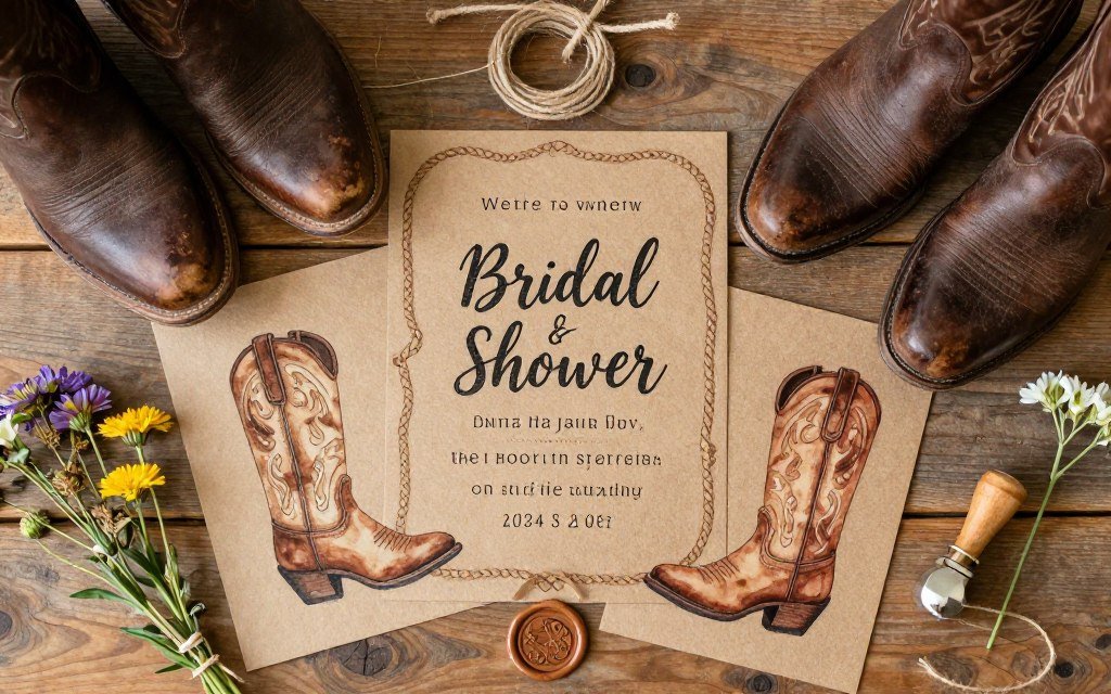 western themed bridal shower invitation with cowboy boot graphics