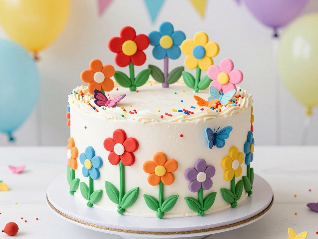whimsical birthday cake with bright wildflowers and butterflies