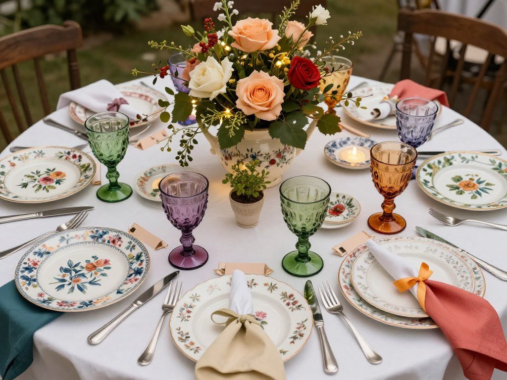 whimsical wedding table with mismatched vintage china and playful details