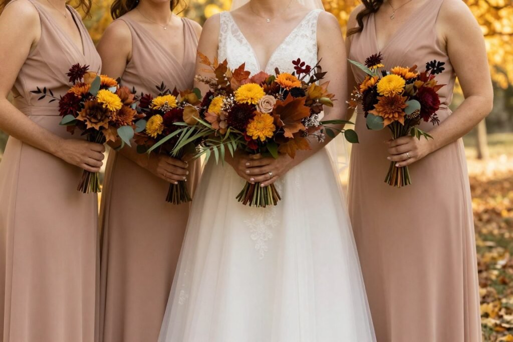 white bridesmaid dress fall wedding styling