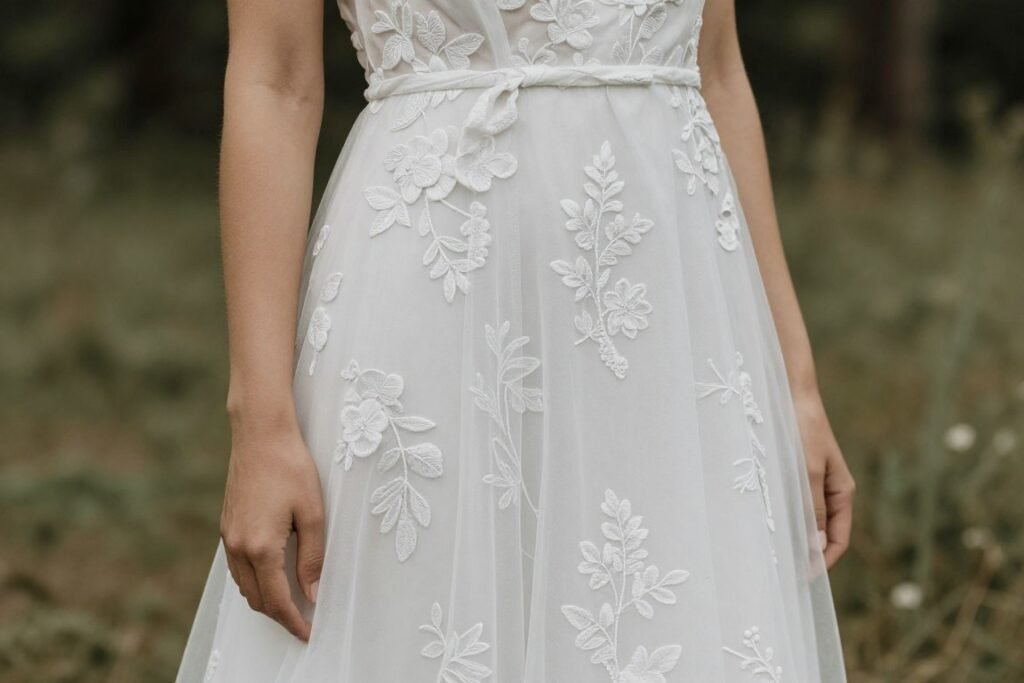 white bridesmaid dress with delicate embroidery