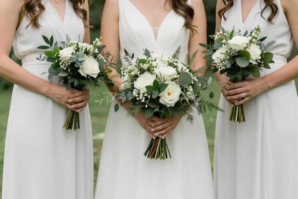 white bridesmaid dress with natural element accessories