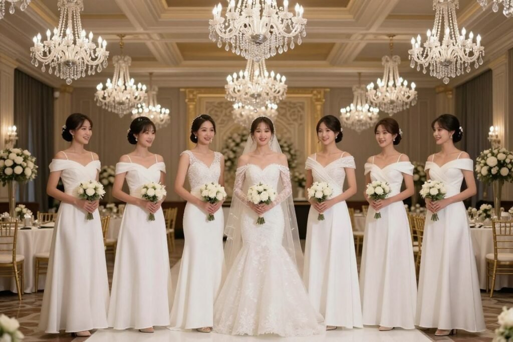 white bridesmaid dresses ballroom wedding venue