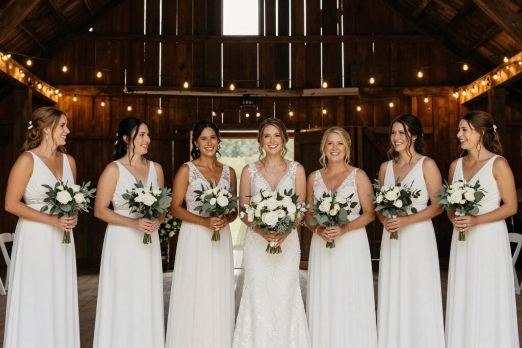 white bridesmaid dresses barn rustic wedding venue