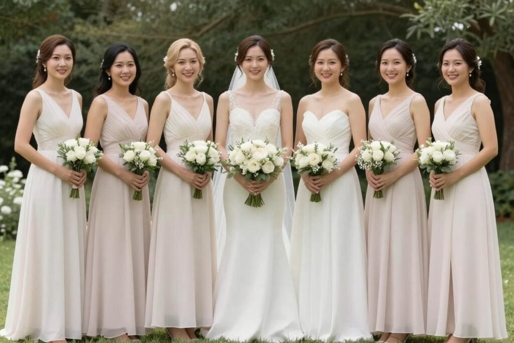white bridesmaid dresses different lengths coordinated
