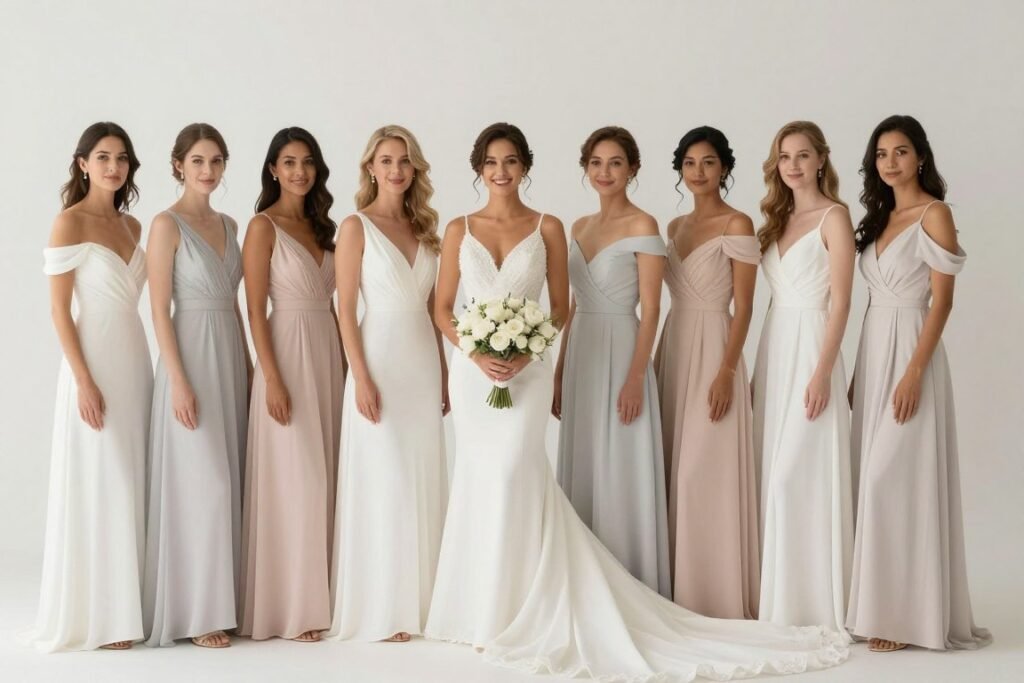 white bridesmaid dresses varied necklines coordinated