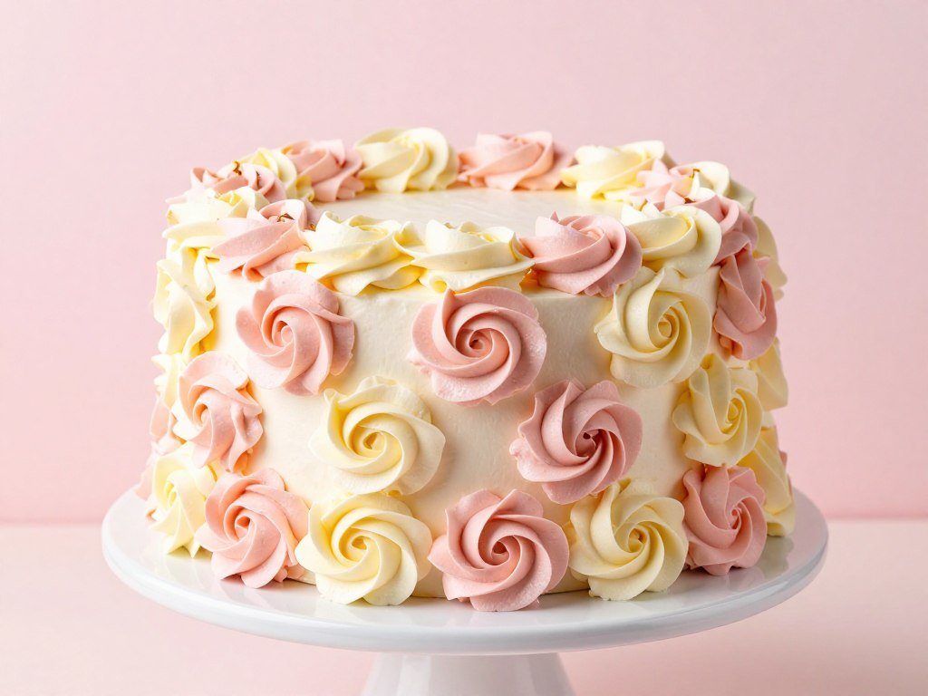 white cake decorated with pink and yellow buttercream roses