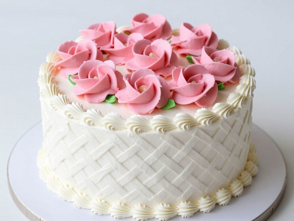 white cake with basket weave piping pattern and flowers on top