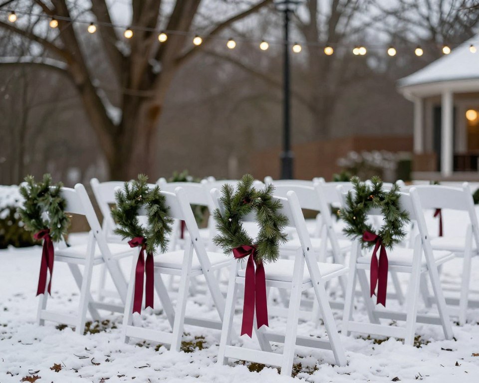 white ceremony chairs with evergreen wreaths and burgundy ribbon