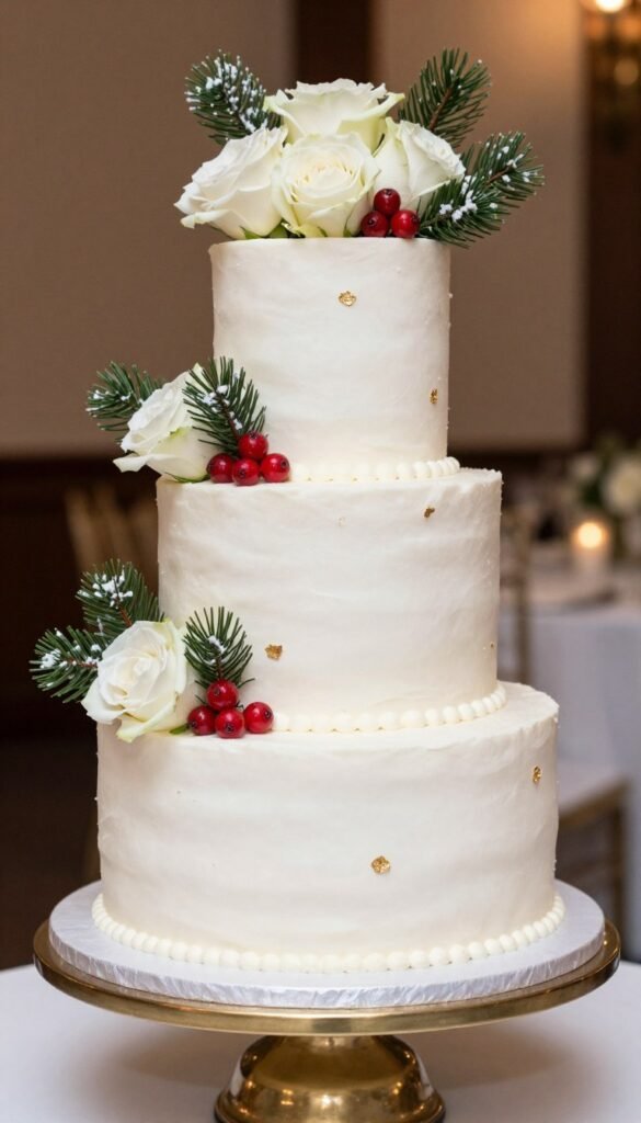 white christmas wedding cake decorated with sugar pine branches and gold accents