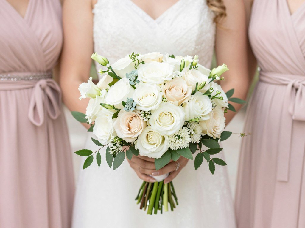 white cream bouquet with pastel bridesmaid dress white cream bouquet with pastel bridesmaid dress