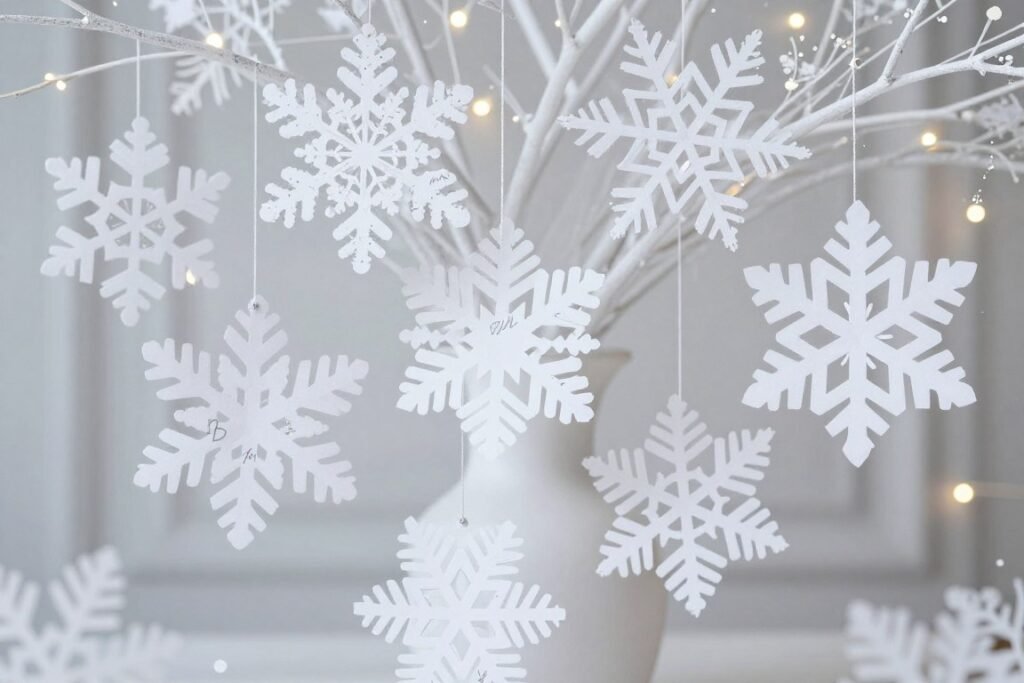 white paper snowflake ornaments with guest signatures hanging from silver branches white paper snowflake ornaments with guest signatures hanging from silver branches
