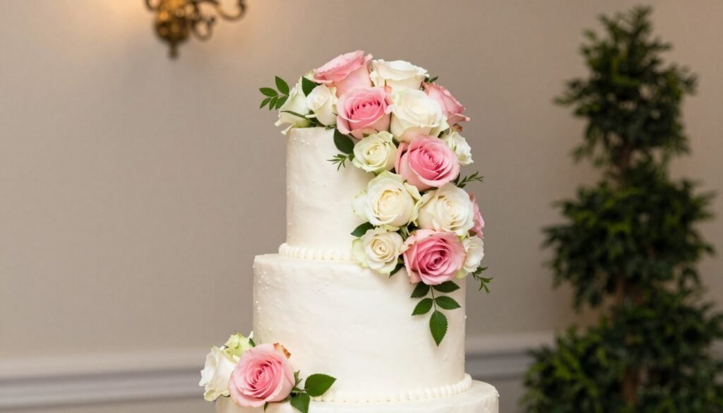 white wedding cake topped with fresh roses