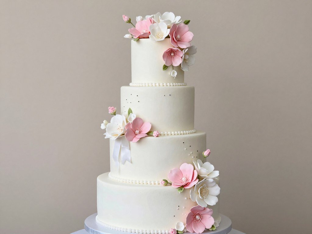 white wedding cake with cascading sugar flowers