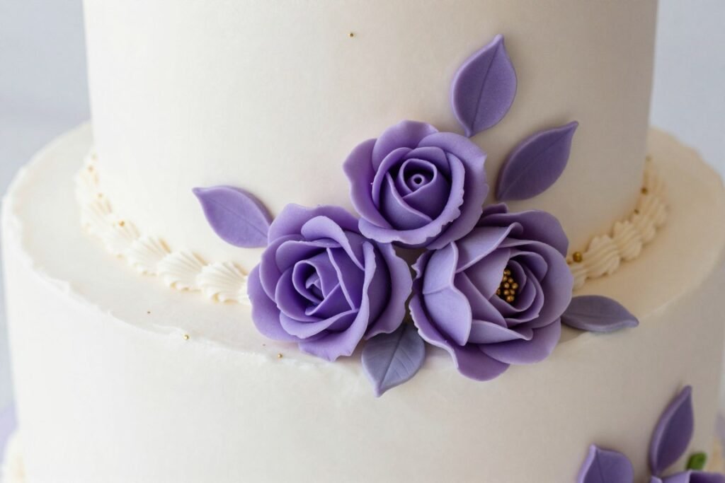 white wedding cake with purple sugar flowers