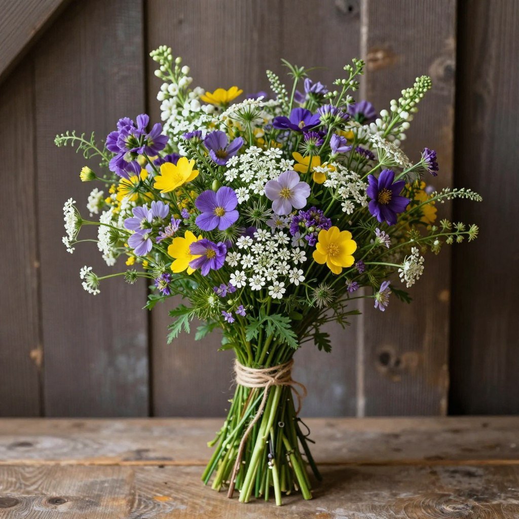 wildflower bouquet with greenery for barn wedding