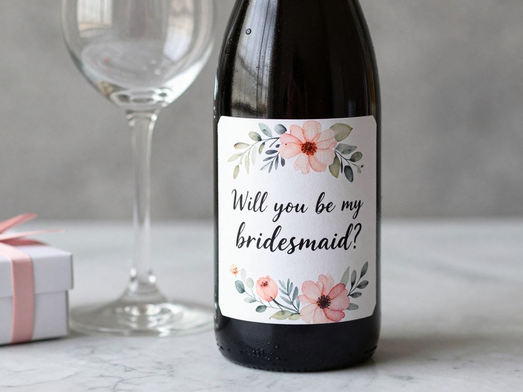 wine bottle with custom bridesmaid proposal label