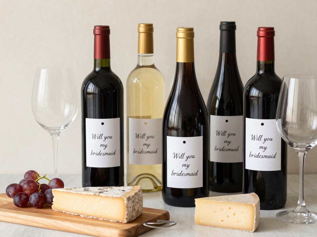 wine bottles with custom bridesmaid proposal labels