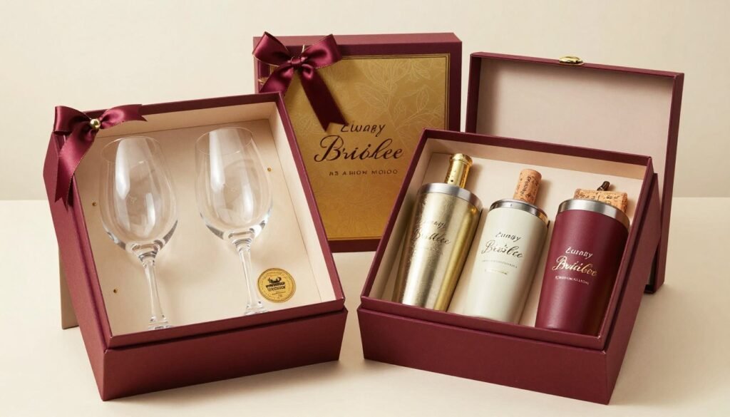 wine themed bridesmaid boxes with wine glasses tumblers and accessories