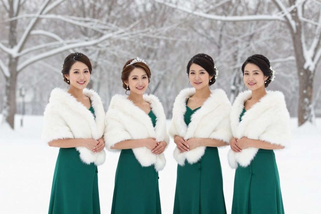 winter bridesmaids in snow