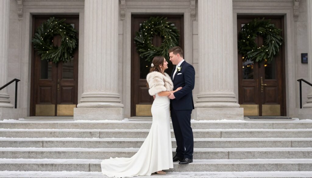 winter courthouse wedding photography with seasonal atmosphere