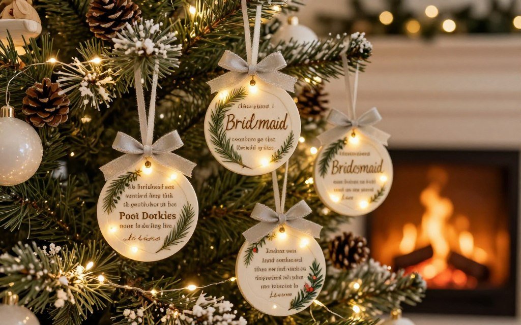 winter holiday bridesmaid proposal with ornaments