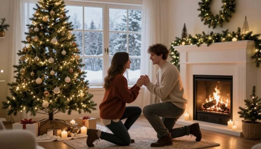 winter holiday proposal with Christmas decorations