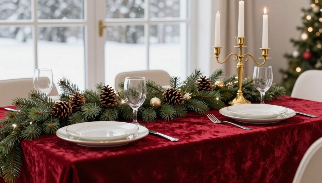 winter holiday table runner with evergreen and festive decorations winter holiday table runner with evergreen and festive decorations
