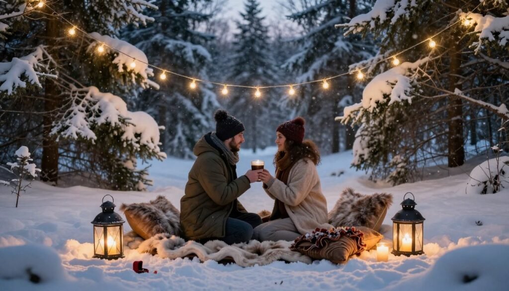 winter snow proposal aesthetic with lights and evergreens