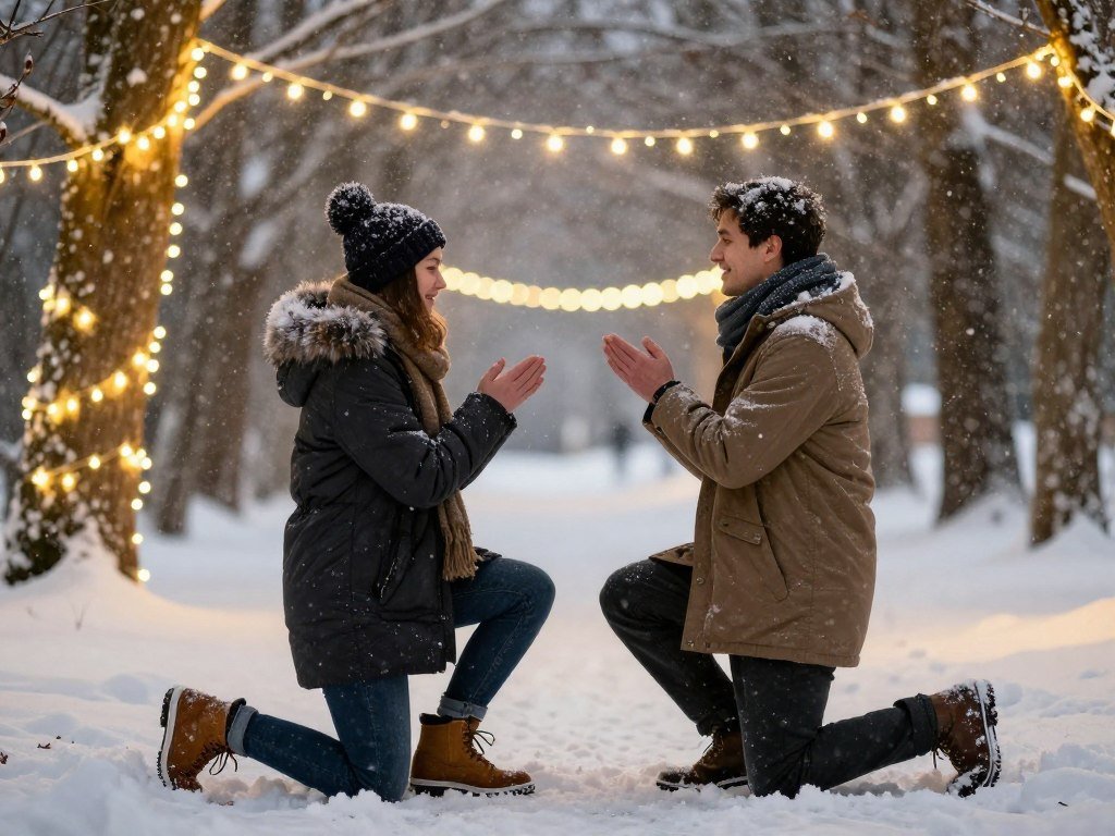 winter snow proposal with Christmas lights