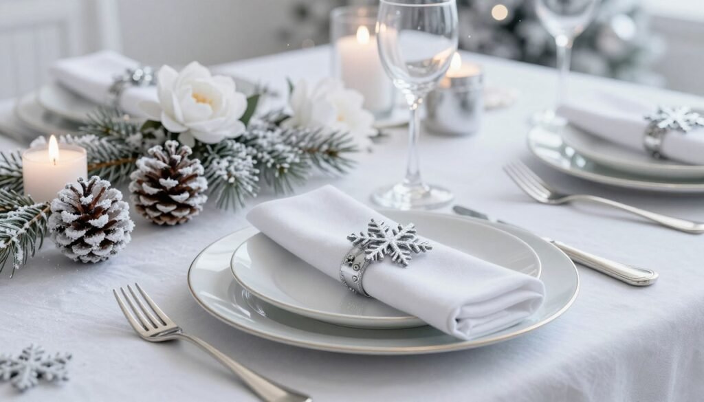 winter table setting with white and silver theme