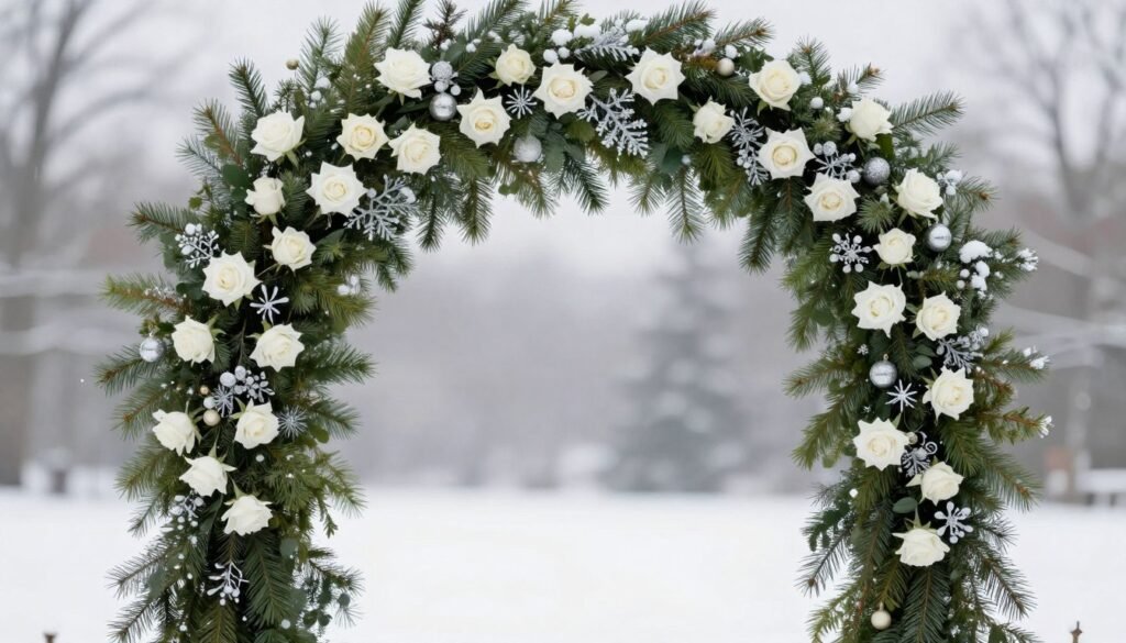 winter wedding arch with evergreens and white flowers