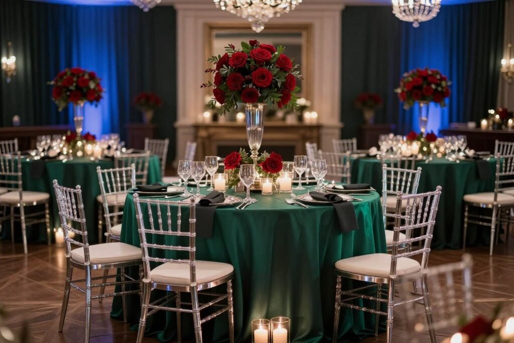 winter wedding color palette with deep jewel tones and silver accents