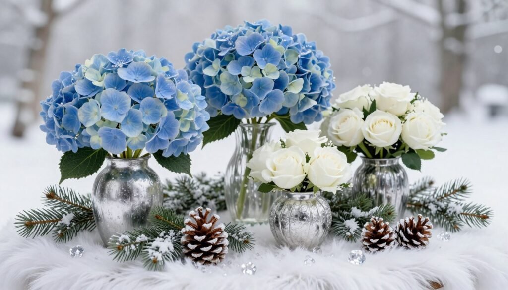 winter wedding color palette with icy blues, silver, and evergreen