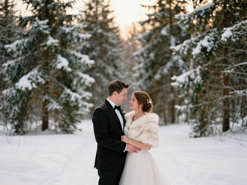 winter wedding couple photos in snow with evergreen trees background