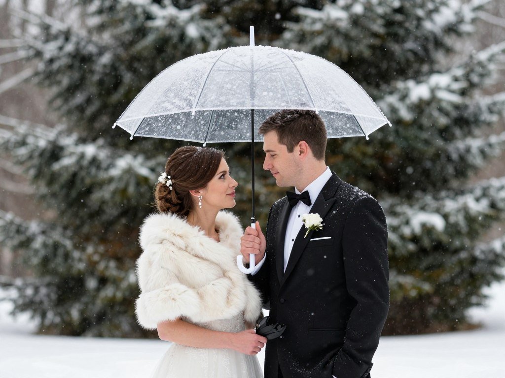 winter wedding couple with umbrella in snow