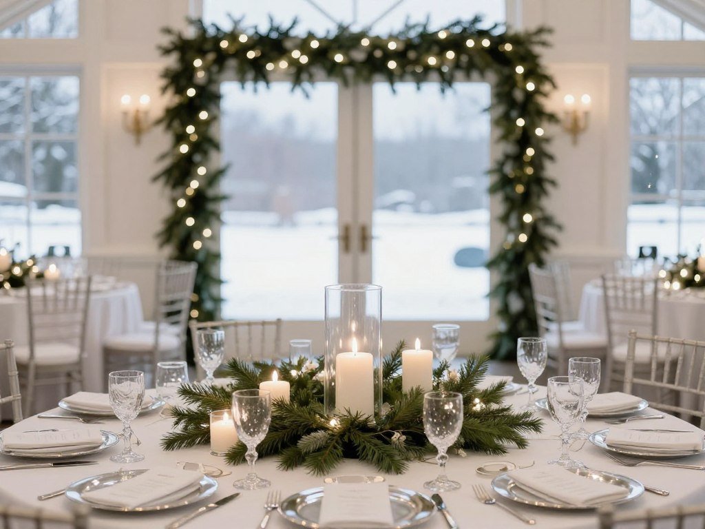 winter wedding decoration with evergreen and candles winter wedding decoration with evergreen and candles