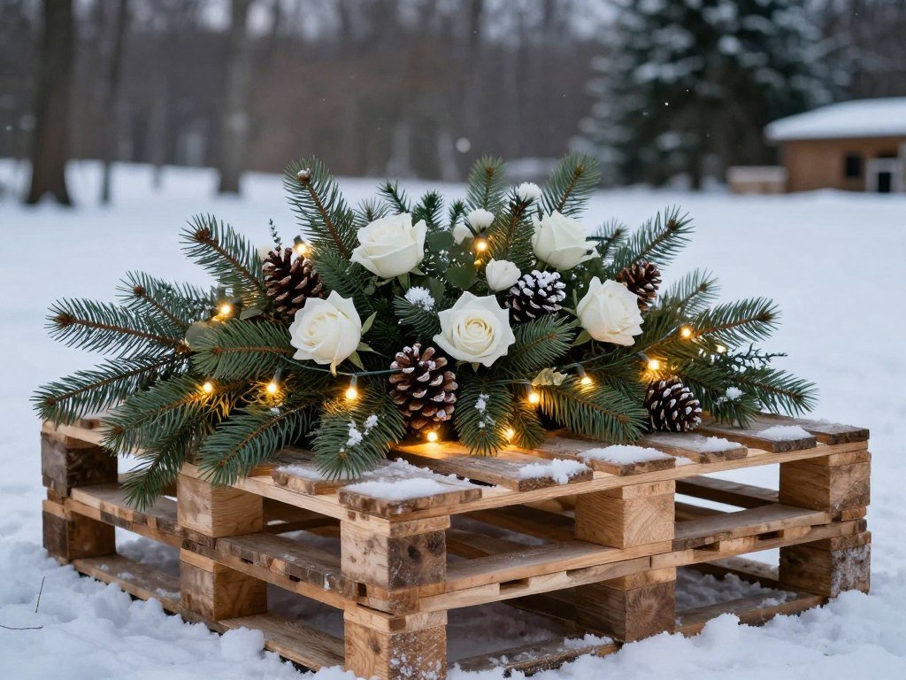 winter wedding pallet decor with evergreens and lights