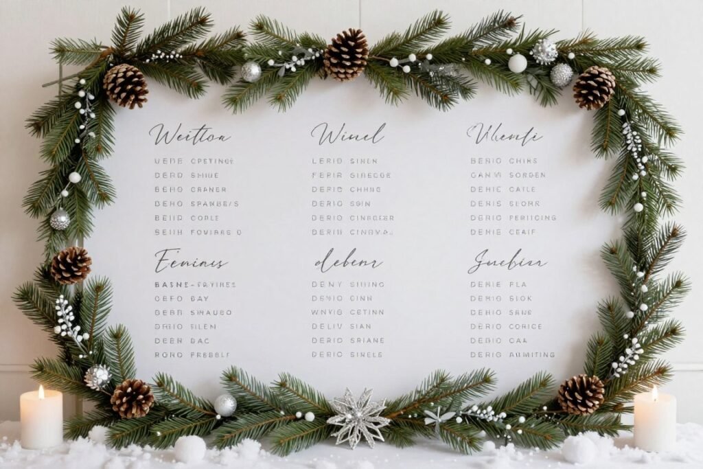 winter wedding seating chart with evergreens