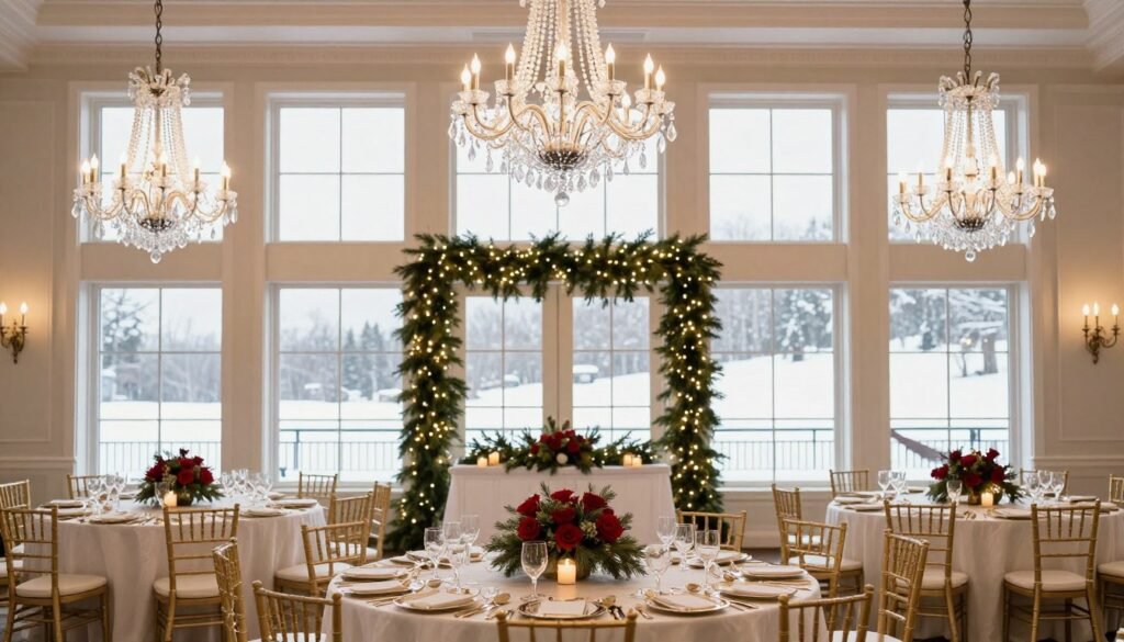 winter wedding venue decorated with christmas lights and evergreen garlands