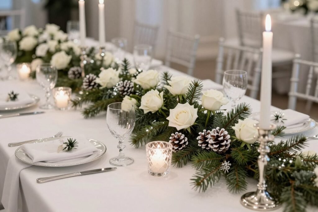 winter wonderland wedding table with evergreen and candle decor