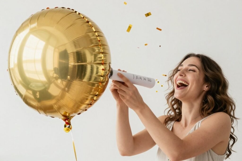 woman popping balloon with bridesmaid proposal message inside