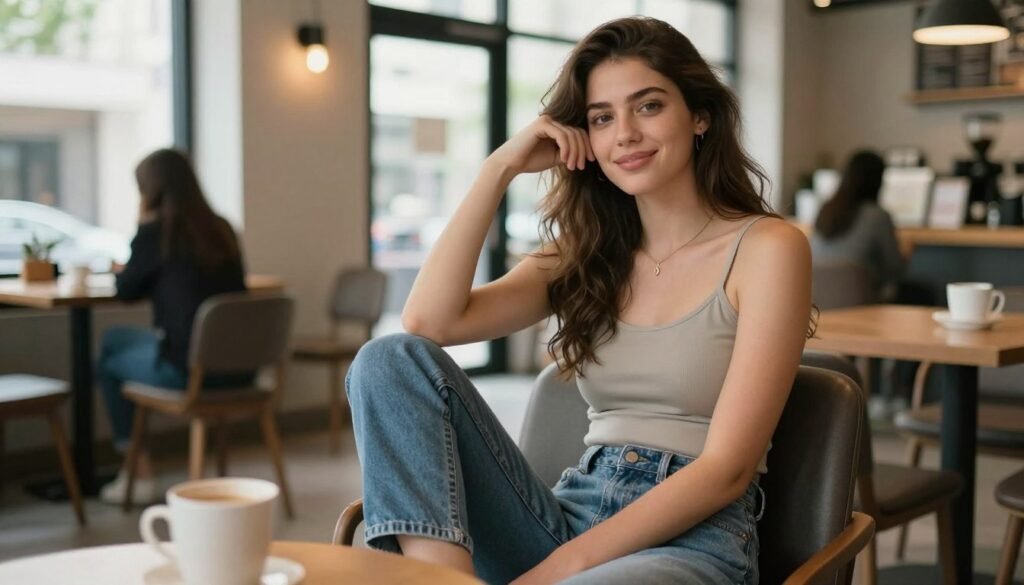 woman wearing casual first date outfit in coffee shop setting woman wearing casual first date outfit in coffee shop setting