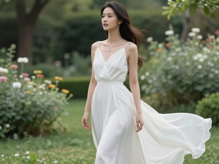 woman wearing elegant white proposal dress in garden setting