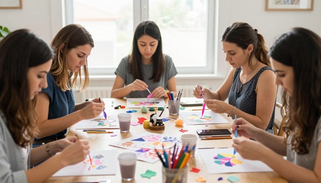 women creating wedding crafts at bachelorette party workshop table women creating wedding crafts at bachelorette party workshop table